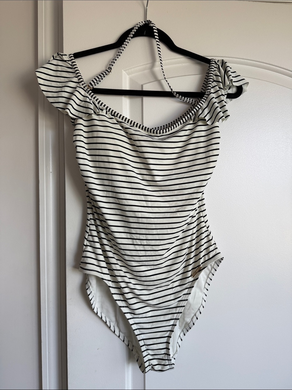 Vince Camuto White and Black Striped Off-Shoulder One-Piece Swim Bodysuit